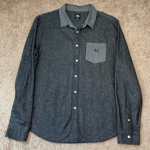 Stussy Men's Button Front Long Sleeve Textured Cotton Skater Shirt Size Large